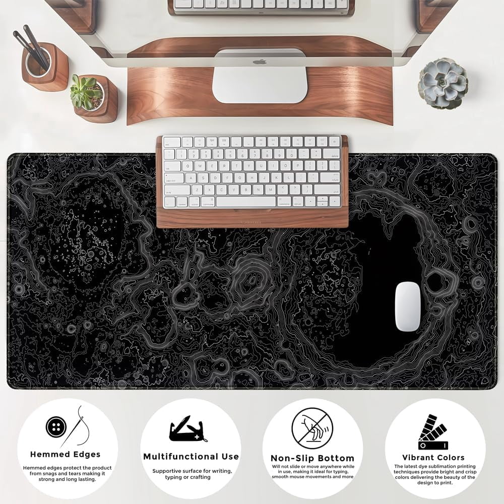 Dimensional Black Topographic Desk Mat Gaming Desk Pad Large Gaming Mouse Pad Desk Accessories Desk Mat Extended Mousepad 31.5 x 15.7 in, with Anti-Slip Stitched Edges Long Computer Keyboard Mouse Ma