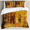 thumbnail image 1 of Forest Duvet Cover Set King Size, Seasonal Foliage Leaves Bushes in Autumn Colors Countryside Pathway in Forest, Decorative 3 Piece Bedding Set with 2 Pillow Shams, Yellow Brown, by Ambesonne, 1 of 3