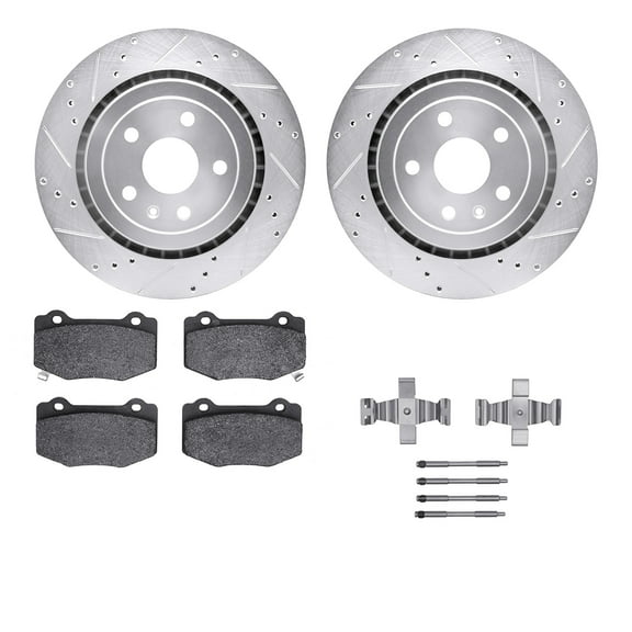 Dynamic Friction Company Rear Brake Rotors-Drilled and Slotted-Silver with 5000 Advanced Brake Pads includes Hardware 7512-47044