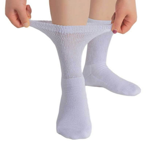 Women's Cotton Diabetic Crew Socks, Wide, Thin, Loose Fit and Stretchy, Seamless Toe & Non-Binding Top, 4 Pairs (White, 9-12)