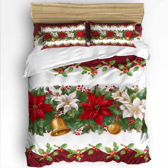 Christmas Poinsettia King Size Comforter Set, Winter Bells Green Leaf Retro Soft Bedding for All Seasons, 4 Pcs Bed Set with 1Comforter (90"x106") ,1 Sheet(94"x116"), 2 Pillowcases (19"x35")