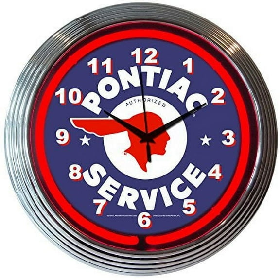 GM Pontiac Service Genuine Electric Neon 15 Inch Wall Clock Glass Face Chrome Finish USA Warranty