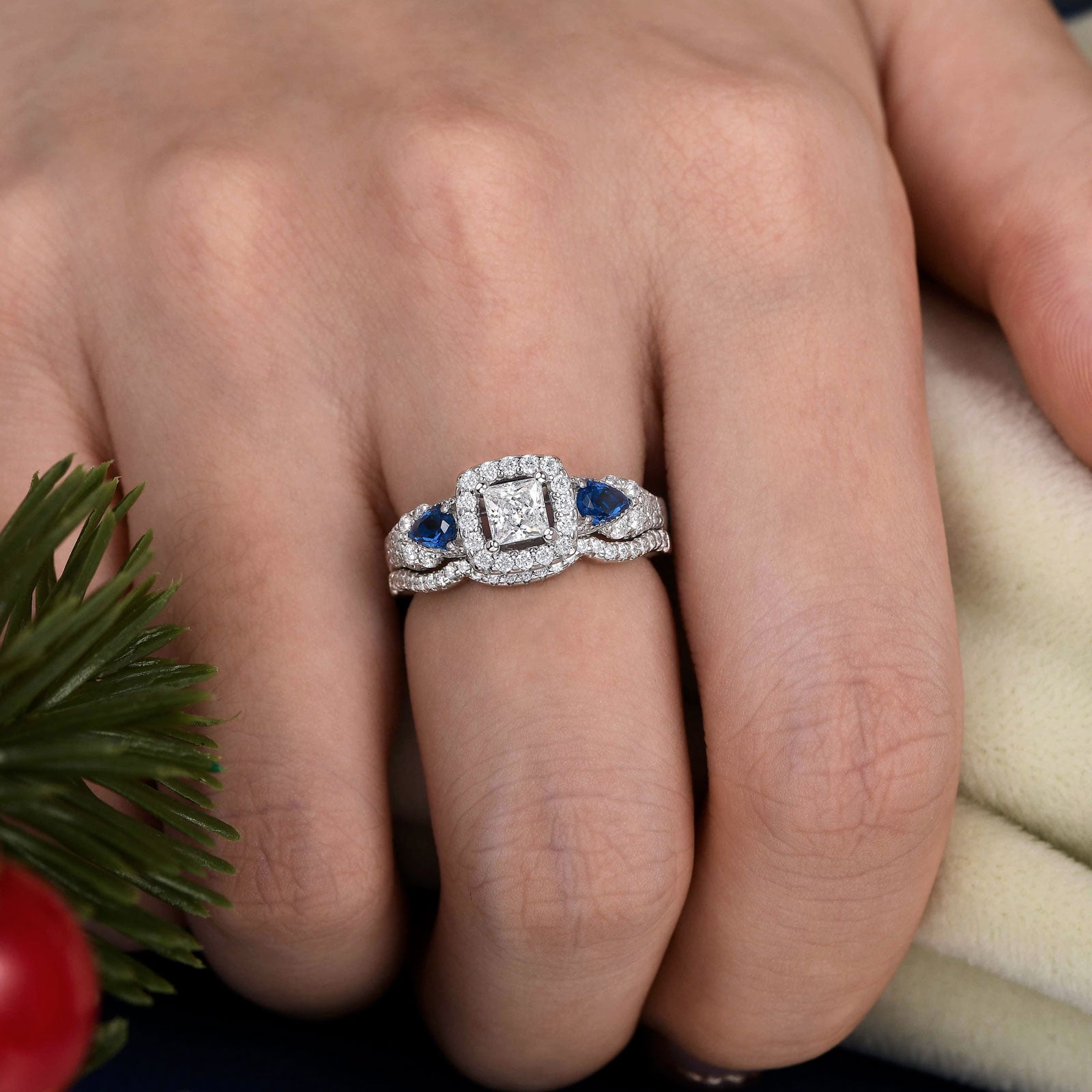 SHELOVES Princess Pear Blue Sapphire Sterling Silver Engagement Ring Wedding Ring Set for Women Size 7