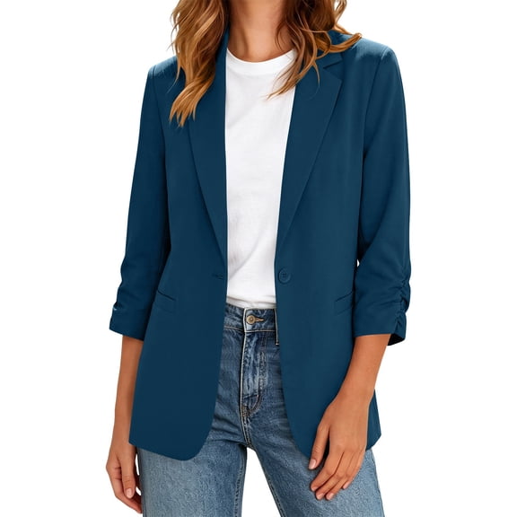 PBFRDSJ Women's Ruched 3/4 Sleeve Suit Jackets Casual Single Button Open Front Blazer Lightweight Slim Fit Business Office Outfits