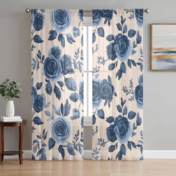 Navy Blue Floral Sheer Curtains 84 Inch Length 2 Panels Set, Rustic Spring Flower Blossom Voile Window Treatment Rod Pocket Curtains Sheers Drapes for Bedroom/Living Room/Kitchen 52"x84"x2