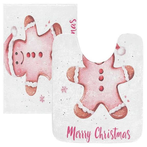 2 Piece Soft Bathroom Rug Set Pink Christmas Gingerbread Man Bath Mat and U-Shaped Toilet Contour Rug (16"x24" 20"x24")