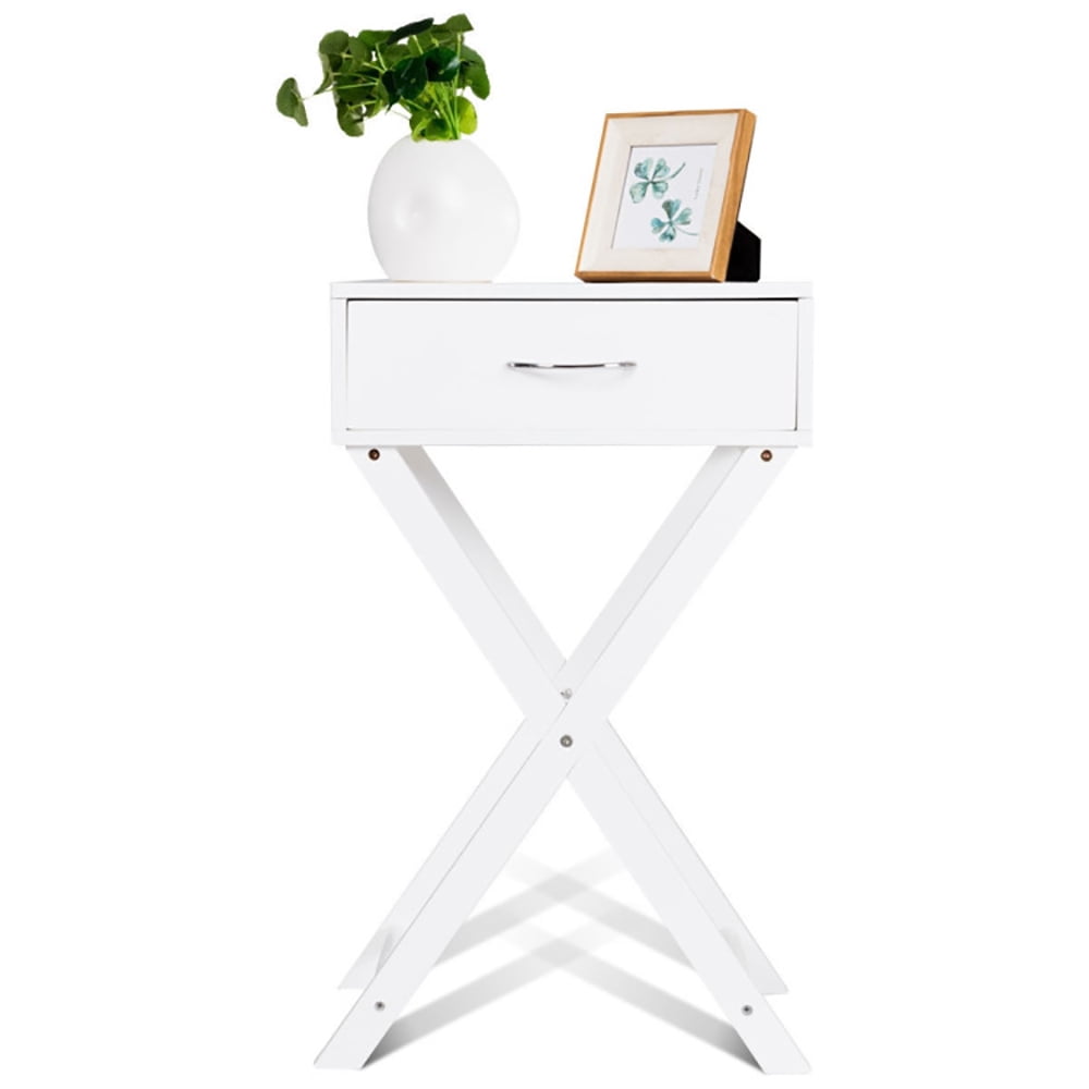 Finihen X-Shape End Table, Design Sofa Side Table with X-Shape Drawer, Sofa Side Table, Bed Side Table, for Living Room, Bedroom, White