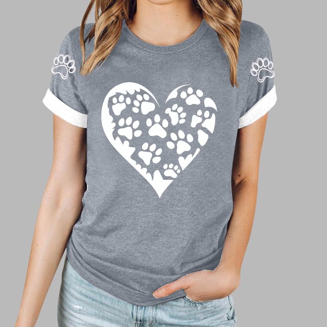 Soki T-Shirt d'Été à Manches Courtes Col Rond Imprimé Patte de Chien Cœur pour Femmes