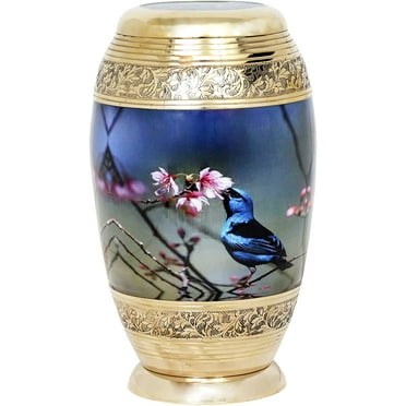 RUZIOON Brass Decorative urn humming bird Cremation Urn - Adult Funeral Urn Handcrafted - Affordable Urn for Ashes (Adult (200 lbs) – 12 x 6 “, (Large/Adult Urn) with Nice Velvet Bag