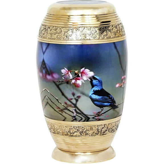 RUZIOON Brass Decorative urn humming bird Cremation Urn - Adult Funeral Urn Handcrafted - Affordable Urn for Ashes (Adult (200 lbs) – 12 x 6 “, (Large/Adult Urn) with Nice Velvet Bag