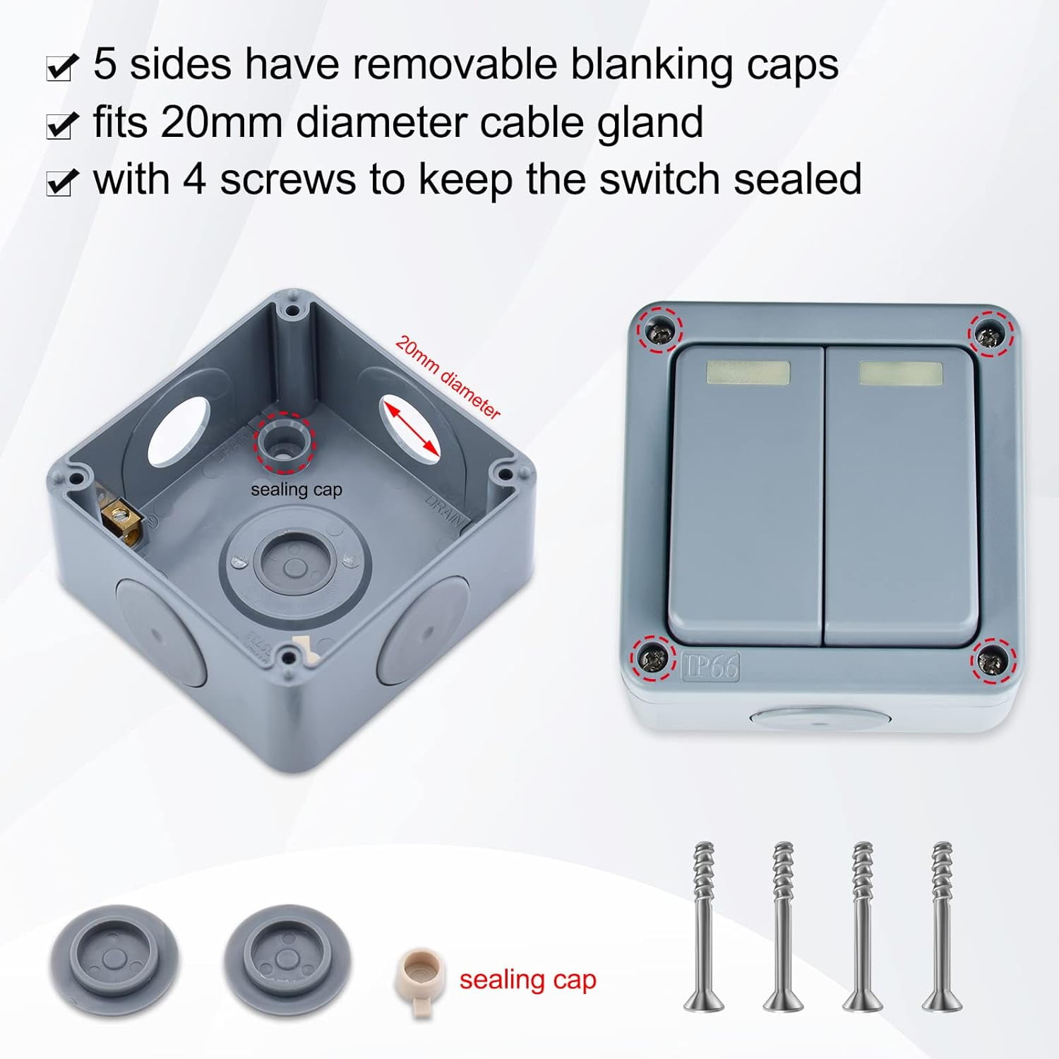 Waterproof  Outdoor Light Switch, GREENCYCLE 2PC 15A 125VAC 2-Gang 2-Way Dual Switch Storm Weatherproof Outdoor Switched 5-Pole Press Socket IP66 Rated