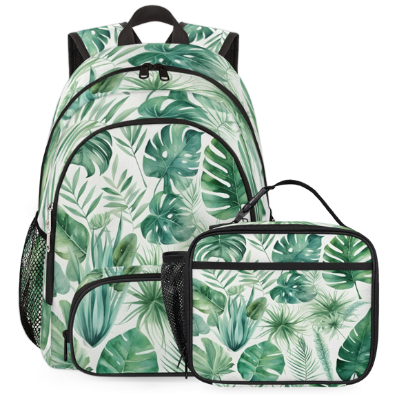 Herdesigns Green Leaves Backpack with Lunch Box Green Palm Monstera Leaf Lightweight Large Travel Work Laptop Backpacks Set Casual Daypacks