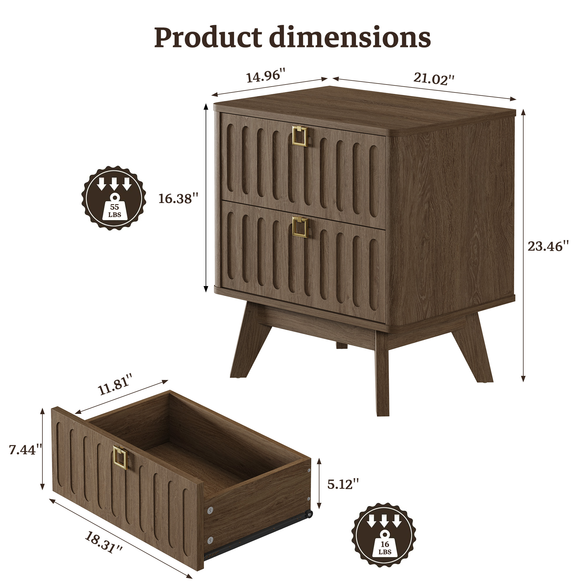 SICOTAS 21.02" Wide 2-Drawer Nightstands Set of 2,Mid-Century Modern Bedside Table with Large Drawers & Elegant Gold Square Handle for Bedroom, Living Room, Entryway - Coffee Oak