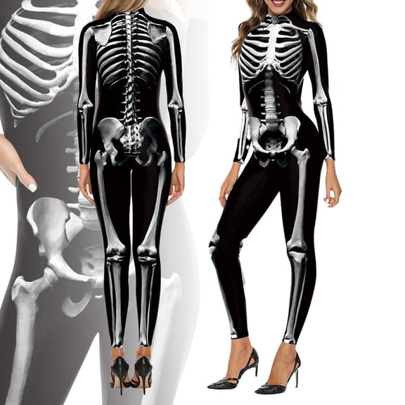 HOWPAY Halloween Costumes For Women Skeleton Print Bodysuit Digital Printed Jumpsuit Tight Stage Performance Outfit For Masquerade Party Event Halloween Costume L