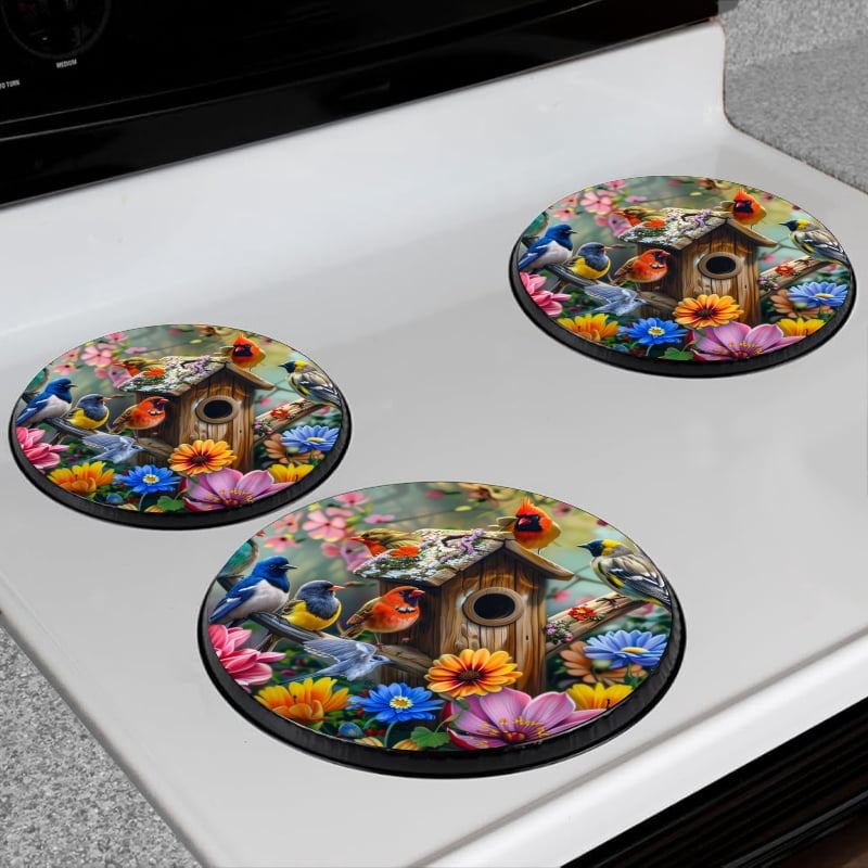 Bahomeck Electric Stove Burner Covers Set Of 4,Colorful Birdhouse With Various Birds Perched On Branches Metal Gas Stove Burner Covers,Protecting Gas Stoves,8 Inch And 10 Inch