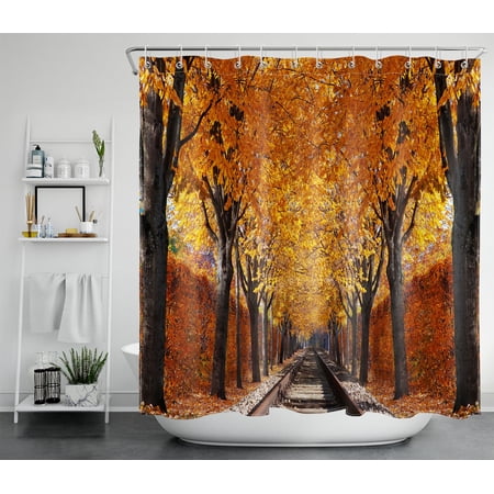 HVEST Fall Shower Curtain, Romantic Autumn Maple Leaves Falling Along the Roads Natural Scenery Shower Curtain for Bathroom, Polyester Fabric Bath Curtain with Hook, 72X72 inch