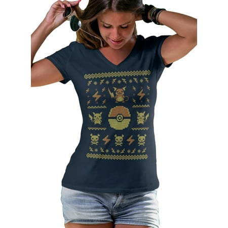 Pokemon Ugly Sweater T-Shirt Fan Made Christmas gift V-Neck Style by LeRage Shirts WOMEN'S Navy Blue