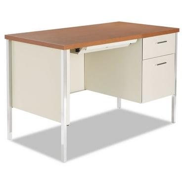 Alera Single Pedestal Steel Desk, 45.25" x 24" x 29.5", Cherry/Putty