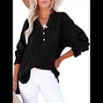 thumbnail image 2 of Blusas Casuales de Larga con Cuello en V y Botones para Mujer, Blusas Lisas de Gran Tamaño. Negro M, 2 of 7