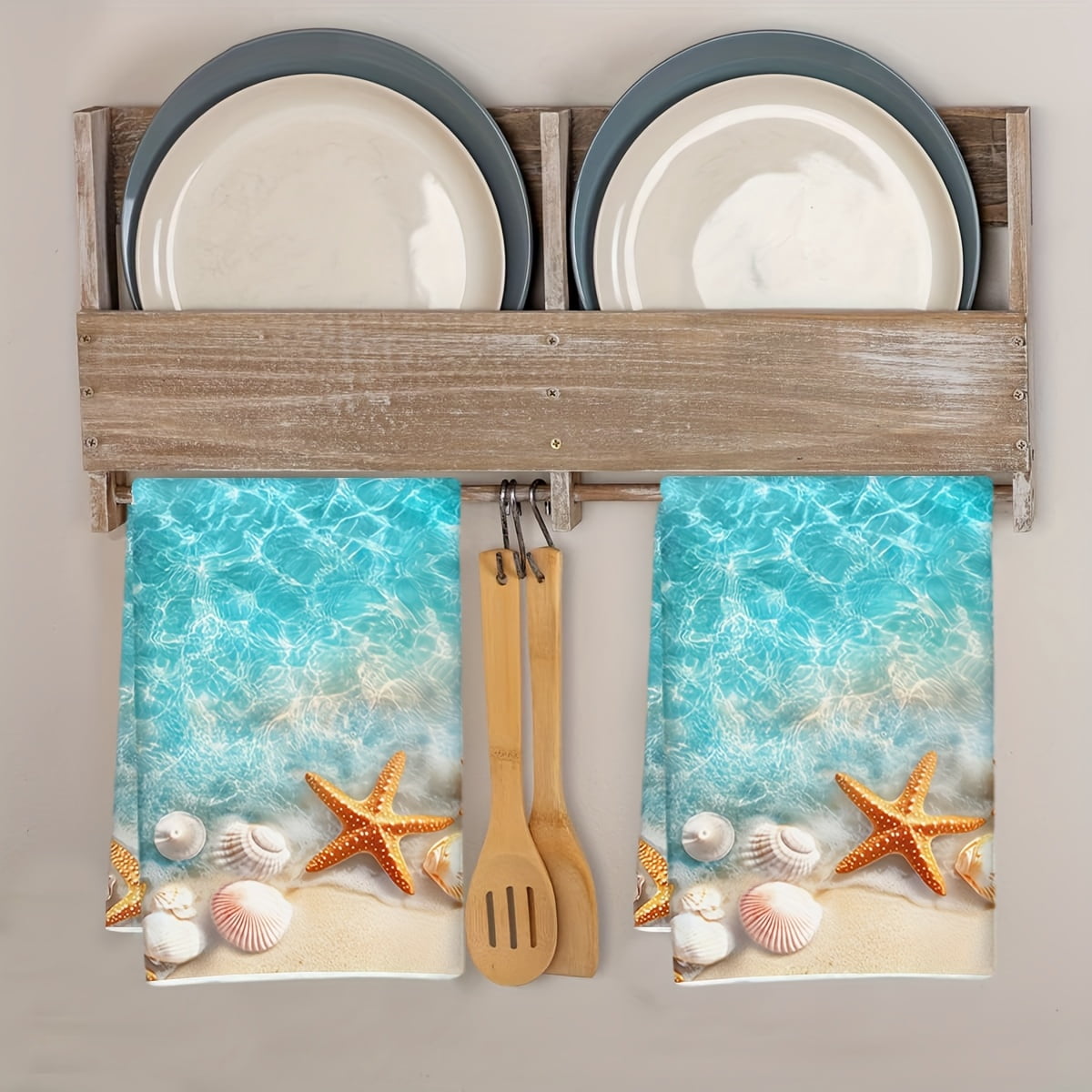 Dish Towels,Coastal Beach Theme Absorbent Kitchen Towels Set of 2 PCS,Tropical Starfish& Shell Pattern Microfiber Hand Towels Dish Cloths Tea Towels for Home  Bathroom,18X28-Inch
