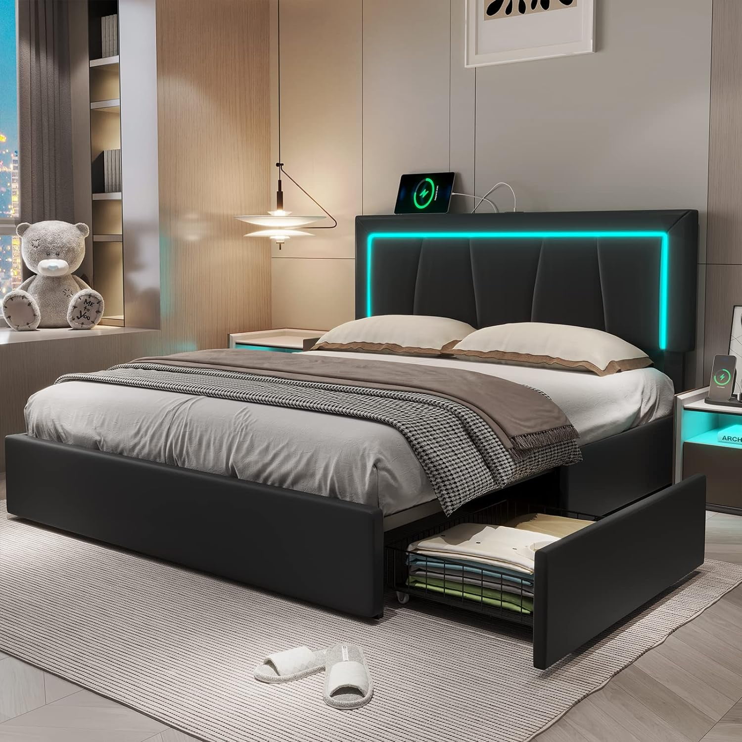 Full Bed Frame with LED Headboard Modern Upholstered Platform Bed Frame with 4 Storage Drawers & USB and Type-C Ports,Faux Leather Bed Frame for Bedroom,Black