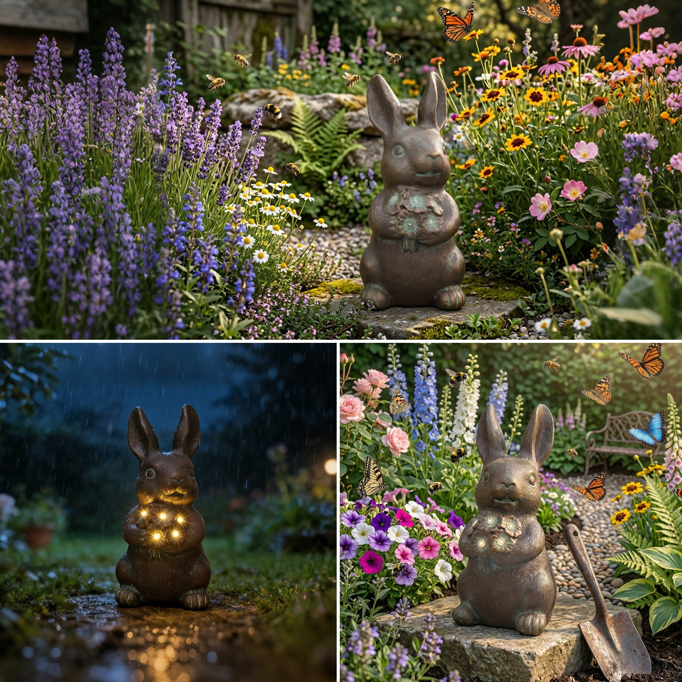 The Growing Ground Solar Bunny Garden Statue with LED Light, Outdoor Resin Rabbit Decor for Lawn, Patio, Bronze