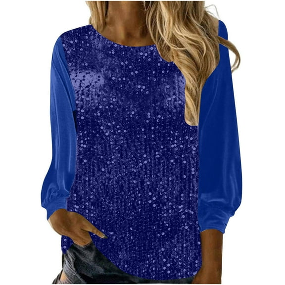 Enjoytime Shirts for Women Trendy Long Sleeve Solid Color Round Neck Sequin Blouse Business Casual Work Tops