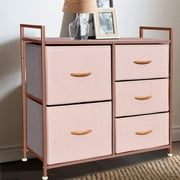 Waytrim Modern Dresser and Chest of 5 Drawers Storage Tower Steel Frame Closet Fabric Cabinet Organizer in Home for Bedroom Pink