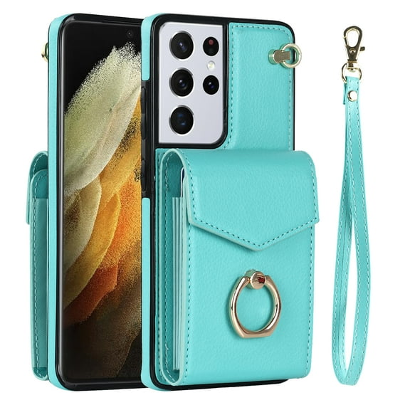 Wallet Case for Samsung Galaxy S21 Ultra, Back Card Slots/Bag Magnetic Button Ring Holder Stand Cover with RFID Blocking Wrist Hand Strap Luxury PU Leather Anti-Shocks Case,Mint