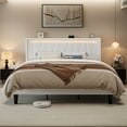 thumbnail image 2 of Allewie King Size LED Bed Frame with Charging Station, Velvet Upholstered Platform Bed with Geometric Wingback Headboard, White, 2 of 11