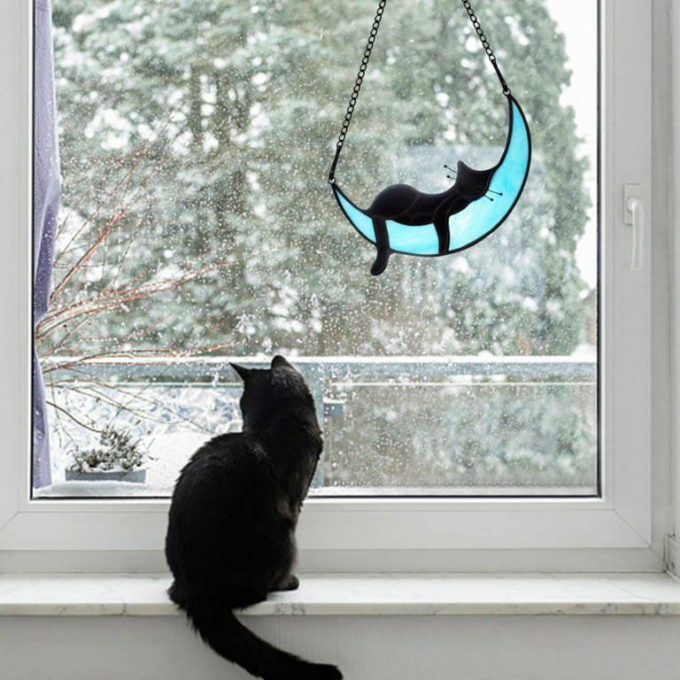 Stained Glass Cat on Moon Gifts,Sleeping Cat Gifts for Lovers,Handcrafted Grey Cat Suncatchers for Stained Glass Window Hangings,Funny Cat Themed Gifts Girls,Mom or Women Walmart.com