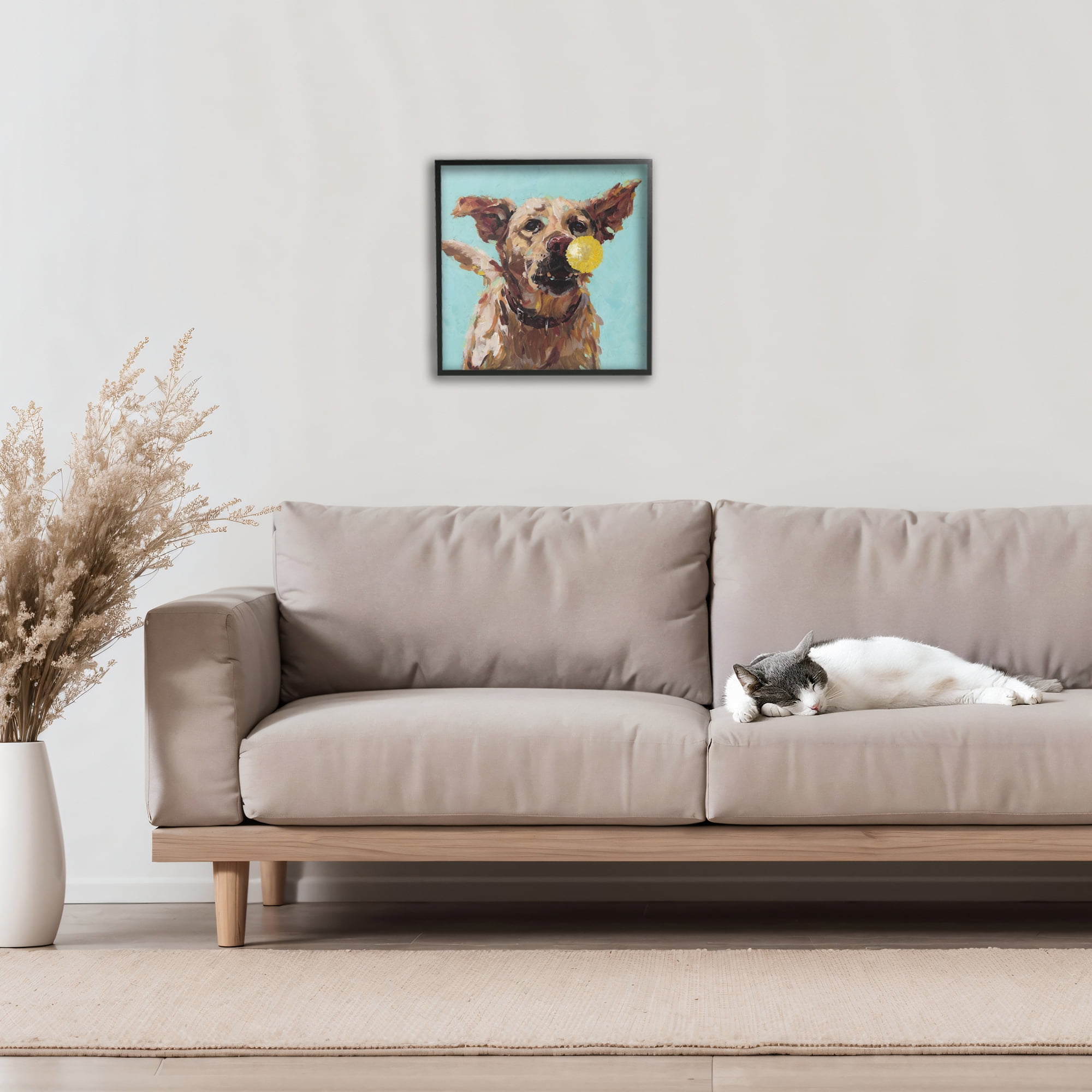 Dog Playing with Ball Black Framed Giclee Art, design by Studio Bautista