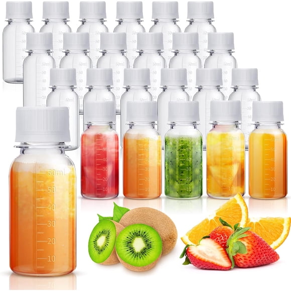 24 Pcs Plastic Bottles with Caps Clear Ginger Shots Bottles with Lids Leak Proof Small Juice for Freezer Mini Water Containers for Drink Milk Beer Coffee Liquid(2 oz)