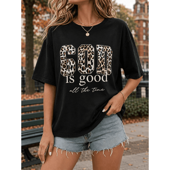 God Is Good All The Time Leopard Print Graphic T‑Shirt, Christian Faith Casual Women Short Sleeve Tee