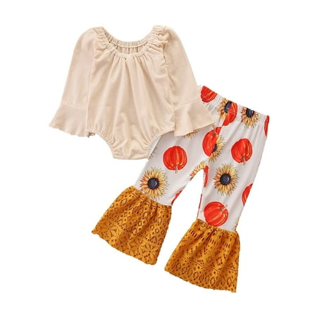 

BSDHBS Baby Clothes Set Toddler Girls Outfit Pumpkin Prints Long Sleeves Romper Sunflowers Lace Bell Bottom Pants 2pcs Set Outfits