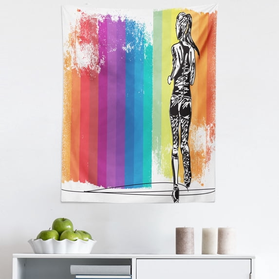 Colorful Tapestry, Female Marathon Runner Illustration on Vertical Stripes in Rainbow Colors, Fabric Wall Hanging Decor for Bedroom Living Room Dorm, 5 Sizes, Orange Purple Blue, by Ambesonne