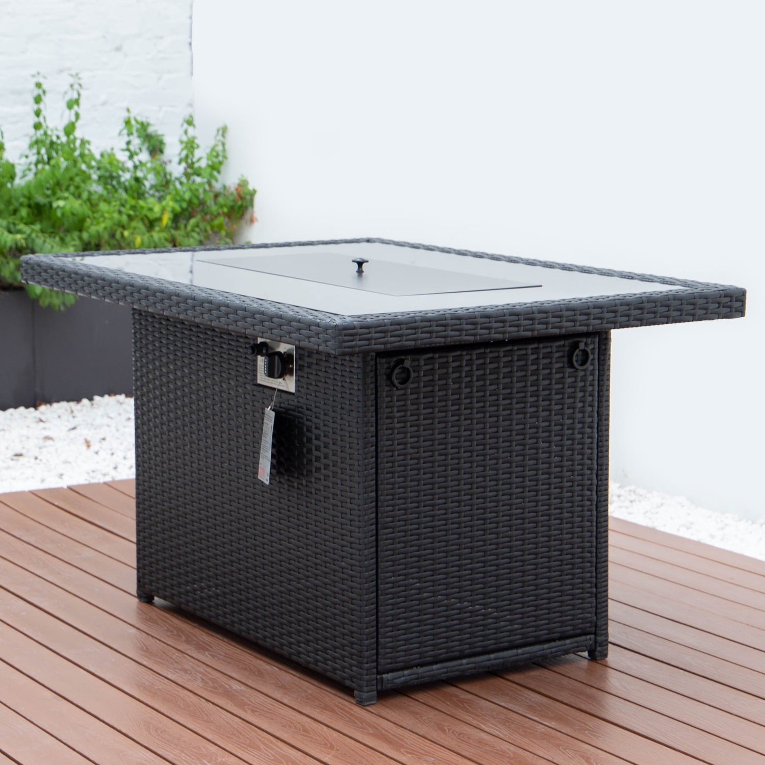 LeisureMod Wicker 55,000 BTU Fire Pit Table with Removable Lid and Tempered Glass Shield Propane Tank Storage for Modern Home, Patio, Backyard Garden Mace Collection in Black