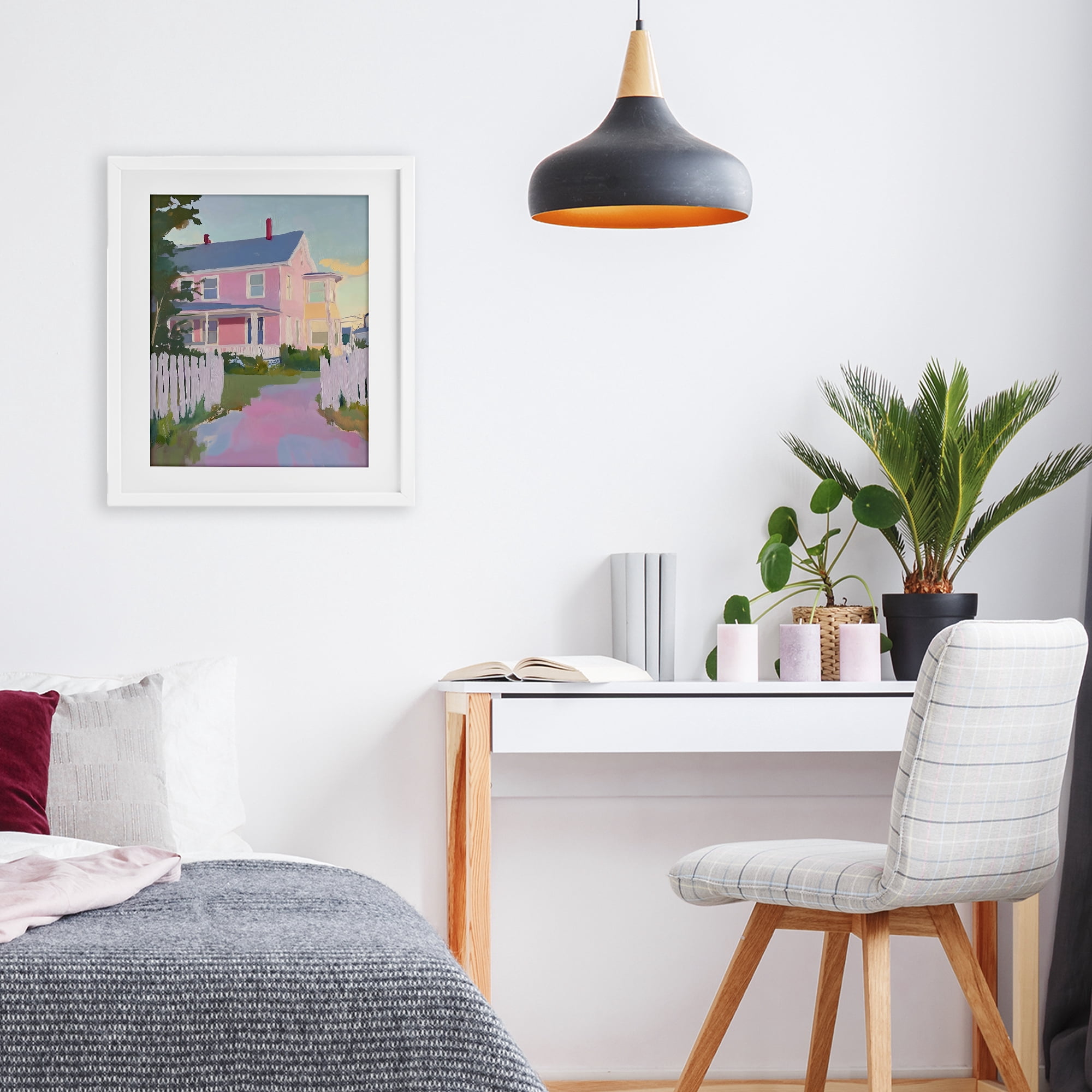 Stupell Industries Pastel Pink House with Fence White Framed Print Under Glass, design by The Prints Vibe