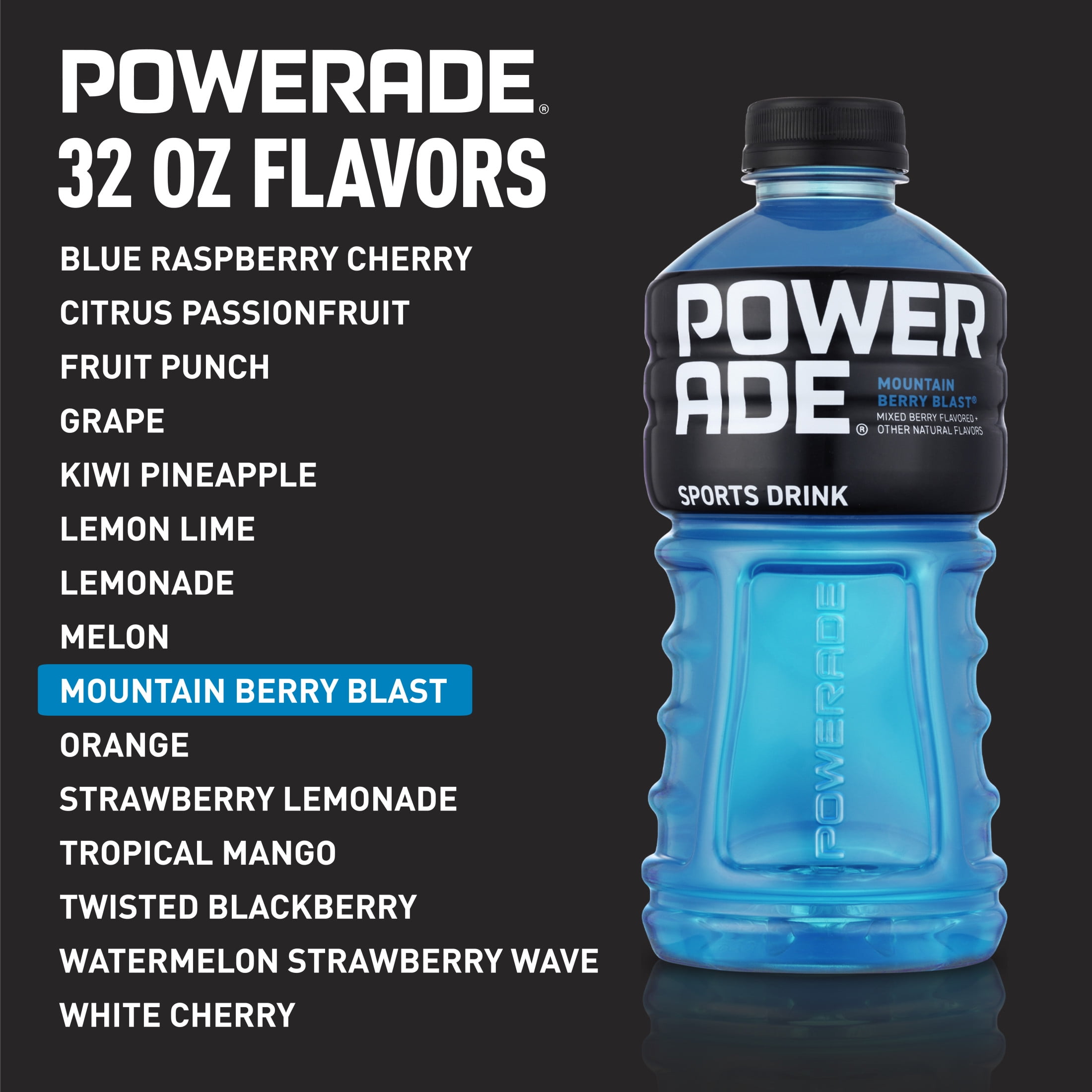 POWERADE Mountain Berry Blast, ION4 Electrolyte Enhanced Fruit Flavored Sports Drink w/ Vitamins B3, B6, and B12, Replenish Sodium, Calcium, Potassium, Magnesium, 32 fl oz