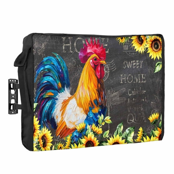 Outdoor TV Cover 70 to 75 Inches, Rooster Sunflower Flower Animal Farmhouse Black Background Waterproof TV Cover with Remote Control Pocket, Flat Screen TV Cover Protector for Outside TV