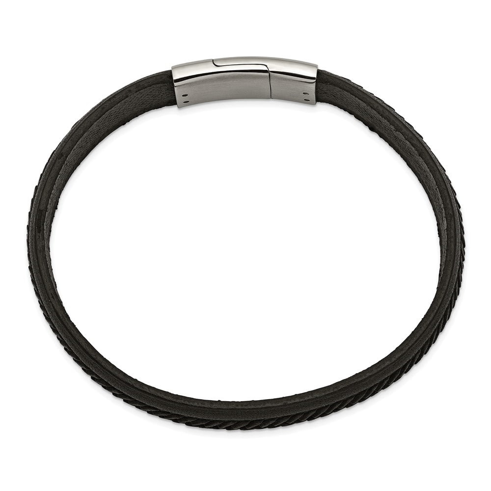 Diamond2Deal Stainless Steel Polished Textured Black Italian Leather Bracelet for Men 8.75"