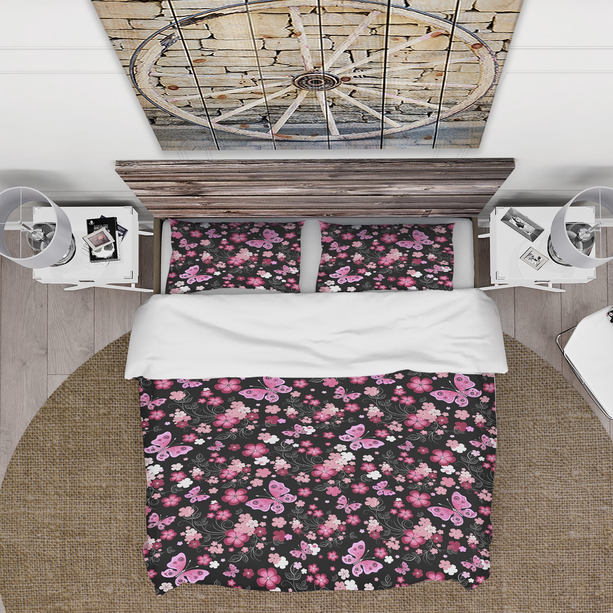 Designart 'Pink Stylized Flowers And Butterflies' Floral Duvet Cover Set