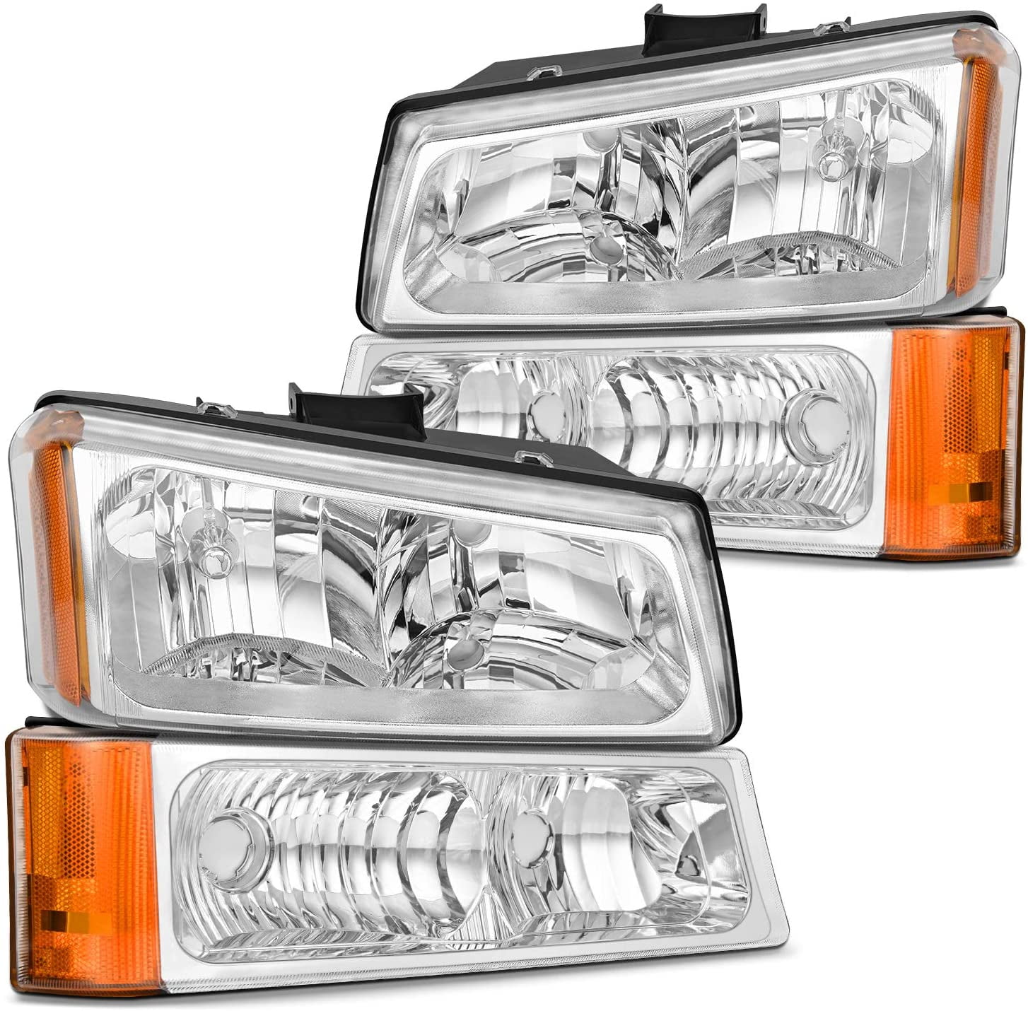 Chrome Housing Clear Lens Amber Reflector AJP Distributors Headlights Head Lights Lamps Assembly Pair Left Right 2003 2004 2005 2006 2007 03 04 05 06 07 For Chevy Silverado 1500 2500 3500 Avalanche 