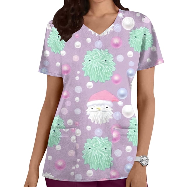 Fiudx Tops para Mujer Top de Enfermera Informal con Cuello En V y Manga Corta con Bolsillo Estampado para Mujer