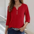 thumbnail image 2 of MIXUE Womens Summer Tops Jacquard Solid Color V Neck Three Quarter Sleeve Stylish Fashion Casual Pullover T-shirts Daily-Wear,Red,M, 2 of 5
