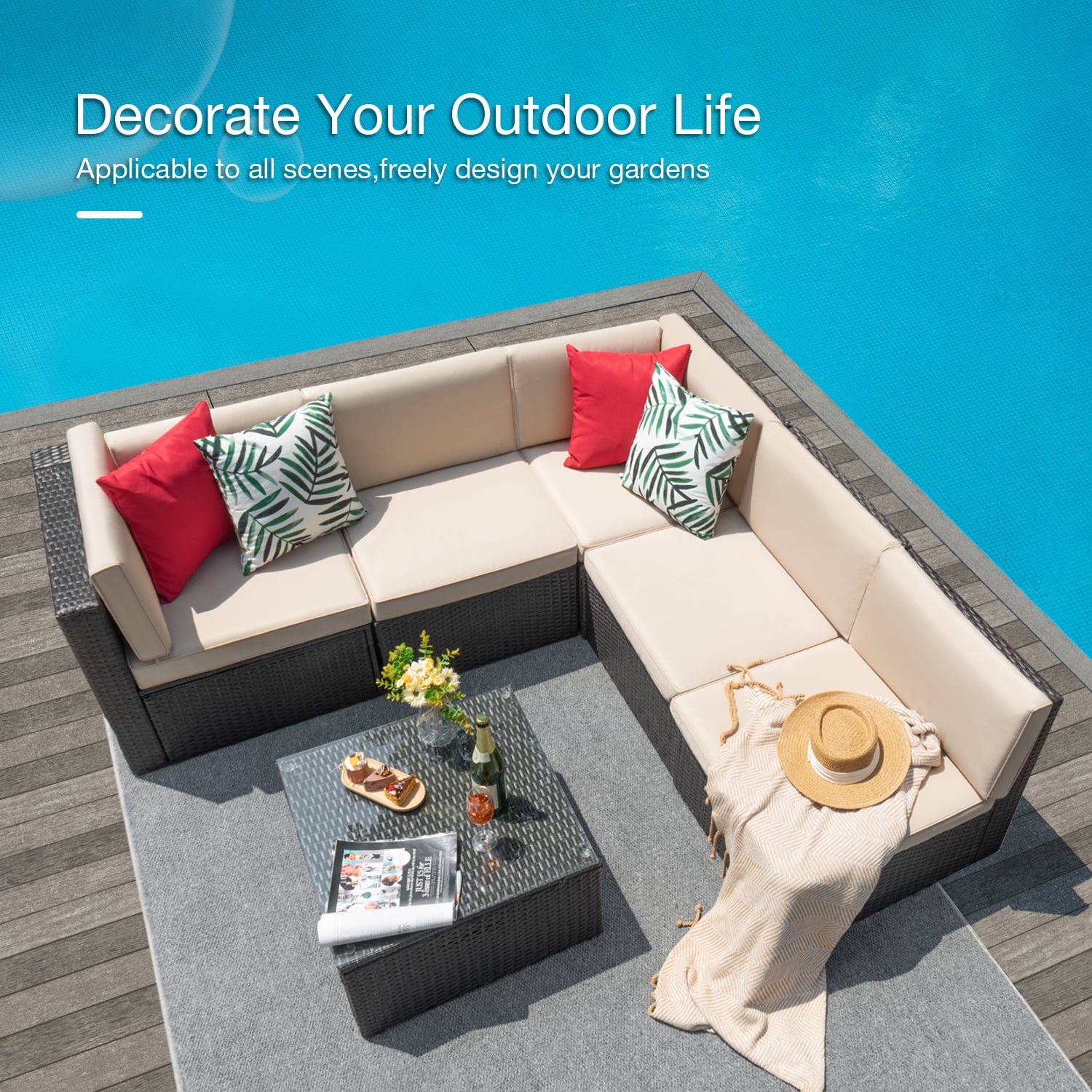 Vineego 6 Pieces Outdoor Patio Furniture Sets Wicker Sectional Sofa PE Rattan Conversation Sets with Cushions, Beige