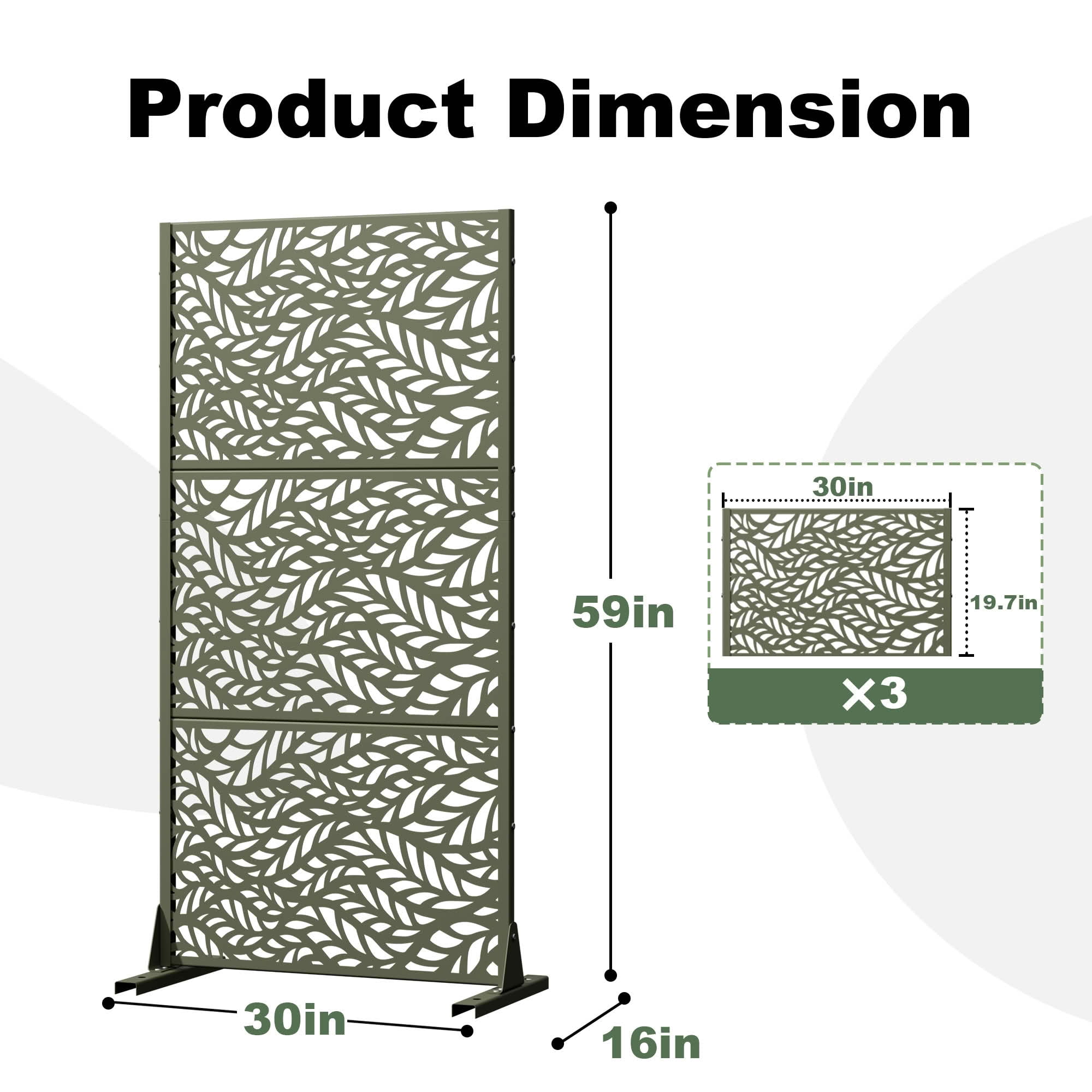 MAYEERTY Olive Grey Rectangular Galvanized Metal Privacy Screen, Outdoor Garden Patio, 59×30×16in, 3 Panels