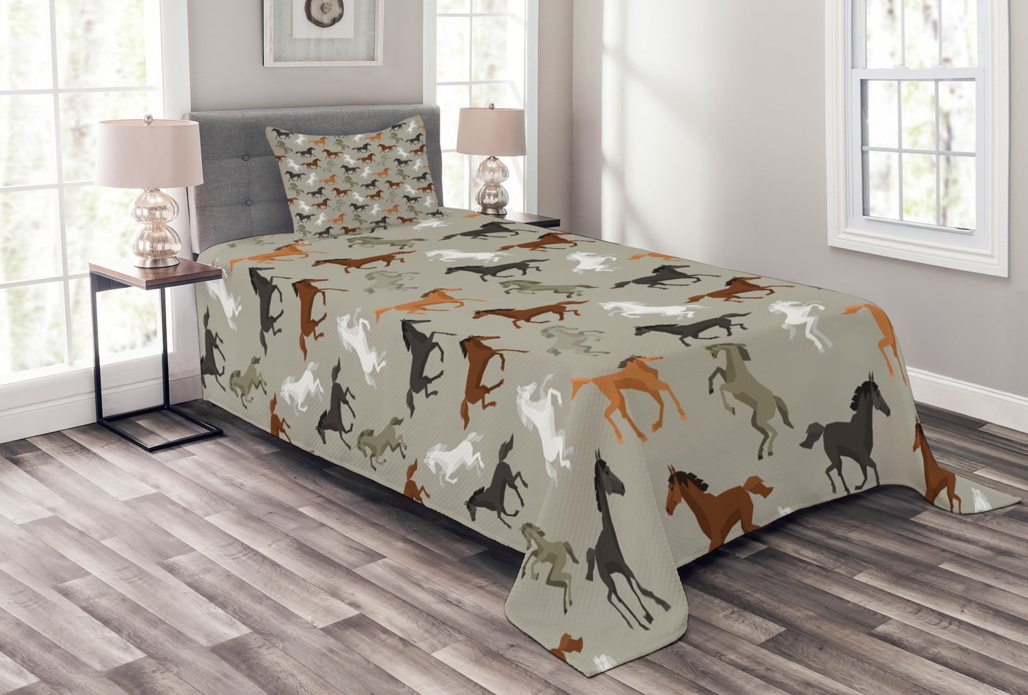 Horses Bedspread Set Twin Size, Abstract Stallions Simple Design