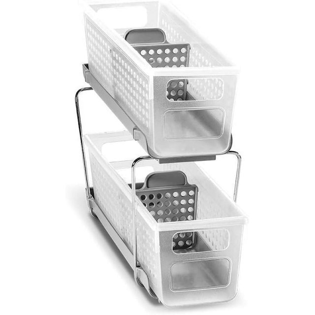 Organizador multiusos de plástico de 2 niveles con compartimentos de almacenamiento deslizables divididos, organizador compacto debajo del fregadero y del gabinete, Frost