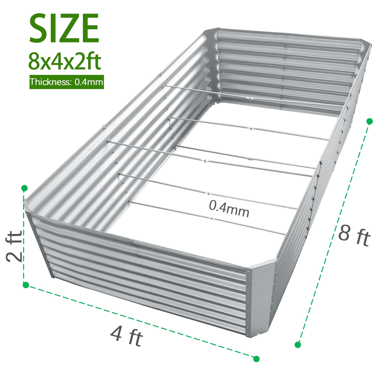 Jacgood 2 PACK 8x4x2ft Raised Garden Beds Outdoor，Galvanized Metal Planter Box for Vegetables,Flowers,Herbs, Silver Rectangle